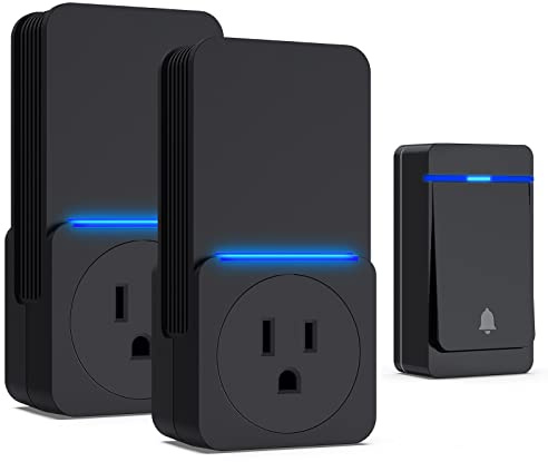 Wireless Doorbell,2 plug Self-Powered Doorbell In receivers,1 Waterproof Button,Suitable for Home,Classroom,Office, Up to 1000ft Range with 38 Chimes, 5-Level Volume & LED Light (Black) (Black)