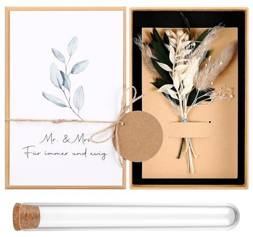 Hestya Hochzeit Geldgeschenk Set für Brautpaar | Getrocknete Blumen Grußkarte, Kunststoff Reagenzglas Geschenkbox, Rundes Kraftpapier Anhänger Hanfseil