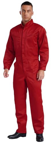 renvena Herren Arbeitsoverall mit Reißverschluss Einteiler Arbeitsanzug Baumwolle Overall Jumpsuit Arbeitskombi Uniform für Werkstatt Gärtner Rot 4XL