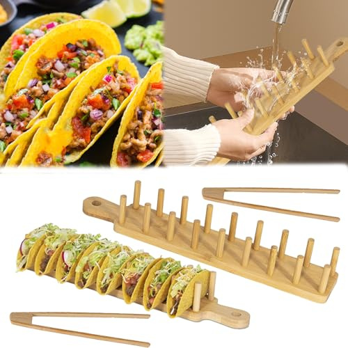Mocoli Support à Tacos, 2 PièCes Supports à Tacos en Bois, Support à Tacos en Bambou avec Clip Pouvant Contenir 16 Supports à Tacos pour Sandwichs, Pain, Hot Dogs Et CrêPes