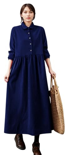 Boodtag Damen Vintage Plus Größe Corduroy Kleid UK Elegantes Langes Hemdkleid Lockeres A-Linie Maxi Blusenkleid mit Reverskragen Herbst Winter Outfit, marineblau, XXL
