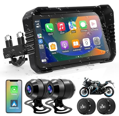 Liwogi 6.25 Pollici Carplay Dual Dash Cam per Moto Wireless Motorrad Navigazione GPS Automatica con Funzione di Avviso Cieco, Pressione Pneumatici, Registrazione in Loop(Upgrade)