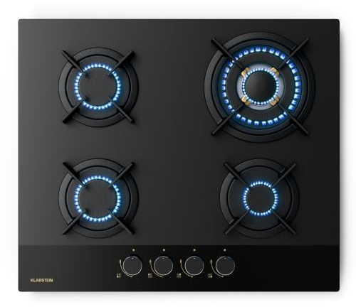 Klarstein Goldflame Nano Gaskochfeld, 4 Messingbrenner, 60 cm Glas, 8 kW, Wok-Brenner, Nanobeschichtung, Flammenausfallschutz, Automatische Zündung, Umrüstbar für NG/LPG, Gasherd Küche