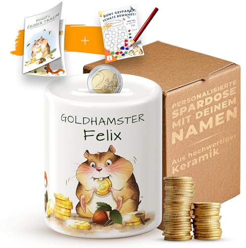 Personalisierte Kinder Spardose mit Namen und Tiermotiv – inkl. Geschichte zum Vorlesen Geschenkidee Sparbüchse Jungen, Mädchen, Einschulung, Geburtstag – Motiv Goldhamster
