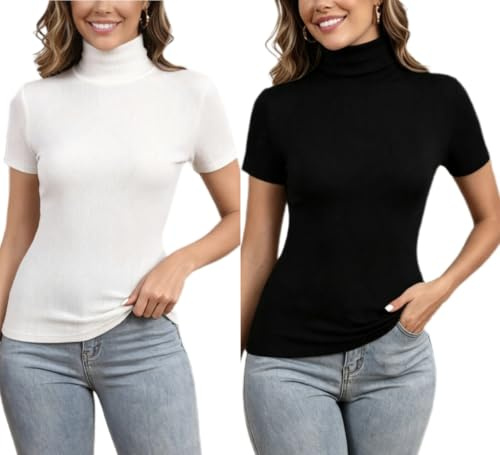 Damtröja med polokrage strumpa lättstickad body kortärmad t-shirt modern smal topp ståkrage baströja ull vintage chic vinter höst vår, Svart + vit, XL