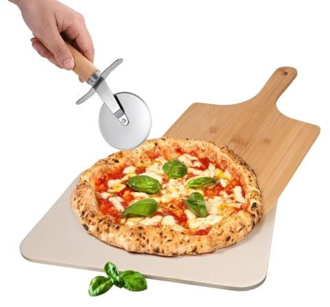 Paluplus Set Pietra Refrattaria per Pizza da 30x38 cm con Pala in Legno e Rondella Tagliapizza, Kit adatto per Forno e Grill per Pane e Pizze fatte in casa, Include Libro di Ricette -9575F