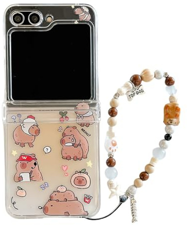 PIQIUZC Fodral för Samsung Galaxy Z Flip 6, söt Capybara-design, rolig tecknad film med armband (Z Flip 5, brun)