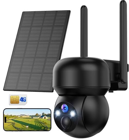 4G LTE Telecamera Solare con SIM Esterno: 2K Telecamere Esterni Senza Fili con Pannello Solare 360° PTZ Videocamera Sorveglianza Esterno Batterie con Visione Notturna Colori,Détection Mouvement,IP66