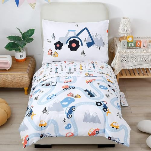 LYJKLST Traktor Bagger Kinderbettwäsche, Kleinkinder Bettwäsche, Babybett Set Bettbezug, 100x135 BAU Fahrzeuge Baby Bettwäsche für Jungen und Mädchen, Blau Bunt Cartoon Auto Bettbezug