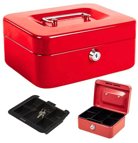 Marco Paul 4 Inch Red Heavy Duty Money Box with Lock Metal Lock Box Money Tin Cash Boxes With Keys Petty Cash Tin Money Saving Box for Adults Strong Small Metal Money Safe for Cash