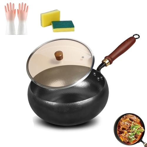 Japanische Eisenpfanne, Handgefertigte Unbeschichtete Antihaftpfanne Aus Reinem Eisen, Eisenpfanne Geschmiedet Mit Deckel zum Kochen, Braten (Gehämmerte Glasabdeckung, 24 cm)