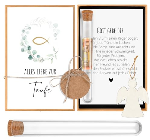 Hestya Cadeau d'Argent pour Baptême Cadeaux de Baptême pour Filles Garçons Emballage d'Argent avec Tube à Essai Ange en Bois Carte pour Naissance Argent Coupon Graines (Poisson et Eucalyptus)