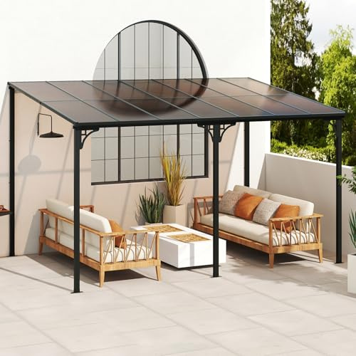 RELAX4LIFE Pergola Adossée 4x3 | Pergola Murale 4x3 Jardin Extérieur | Toit Incliné en Polycarbonate Anti-UV | Imperméable | Cadre en Métal | Protection Solaire | pour Terrasse, Cour, Jardin
