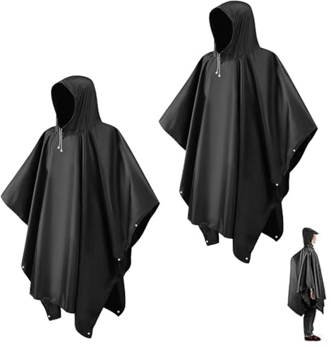 Regenponcho Wasserdicht Regenjacke 2 Stück für Herren Damen, Eva Leicht Regencape Regenschutz Wiederverwendbarer mit Kapuze für Festivals, Camping, Wandern, Reisen, Schwarz