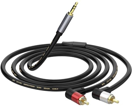 sovunis 3.5mm to RCA Cable 3.3FT, 90 Degree Right Angle 2RCA Male to 3.5mm TRS Male Y Splitter Stereo Audio Cord Compatible with Smartphones, MP3, Tablets, Speakers, HDTV, 3.3FT/1M