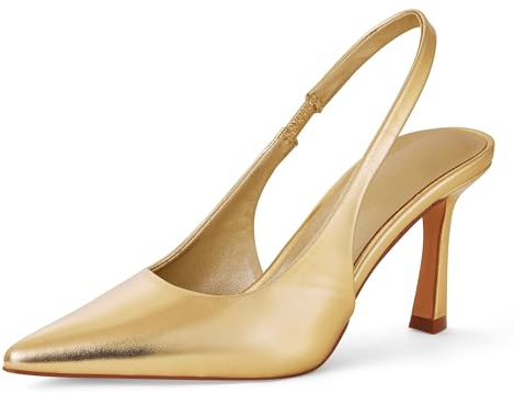 Zhabtuc Zapatos Mujer Slingback Elegantes y Cómodos para Vestir, Zapatos Tacon Mujer con Correa Ajustable, Sandalias de Tacón Alto de 10 cm, Punta Afilada, Stiletto, Dorado Mate, 36 EU