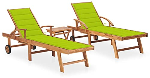 QZZCED Lettino da giardino in legno di teak con tavolino ausiliario e cuscino, 3 posizioni regolabili e 2 ruote per esterni, mobile da giardino durevole e confortevole per patio o terrazza