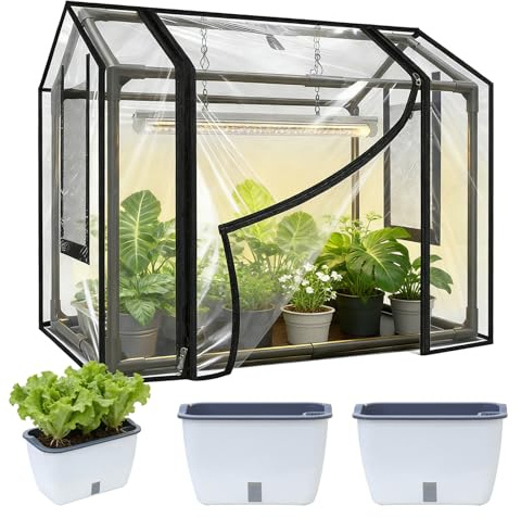 Pflanzset, 2 in 1 Mini Gewächshaus mit Zwei 5L Pflanztöpfe 60 x 40 x 50 cm PVC-Abdeckung für Hochbeet Transparent Isolierende Pflanzabdeckung Pflanzenhaus wetterfest Blumenkasten für Garten und Balkon