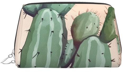 PU Leather Makeup Bag Travel Cosmetic Bags Waterproof Large Capacity Toiletry Organizer with Zipper, Cute Portable Pouch Watercolor Green Cactus Toiletry Bag Make Up Bag for Women