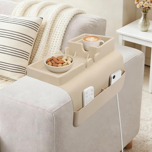 Sofa Armchair Tray Couch, Silicone Sofa Arm Tray Drink, Sofa Armrest Cup Holder, Armchair Organizer Caddy for Drinks Phone Remote Magazine, Non-slip & Easy to Clean (Apricot)
