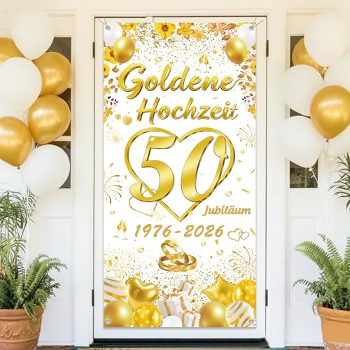Tasoraor 50. Goldenen Hochzeit Deko Banner - Elegantes Stoff Türbanner für 50. Jubiläum Hochzeitsdeko (185 x 90cm), Gold Hochzeitsbanner für Tür Wand Hintergrund Garten Tisch Innen Außen
