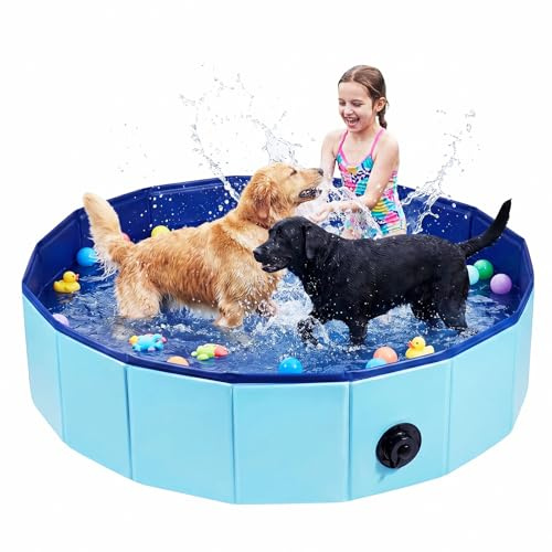 KinHaven Dog Paddling Pool 120 x 30cm Foldable Swimming Pool Hard Plastic & PP Board Pet Paddling Pool for Outdoor/Indoor, Blue