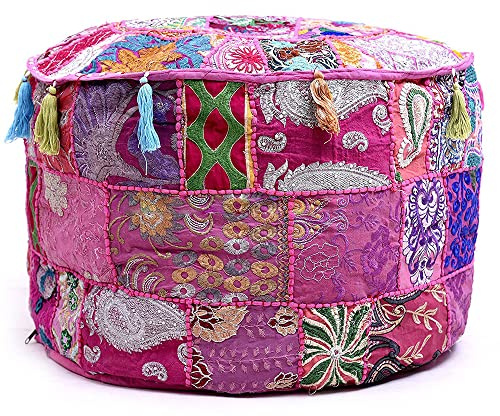 Aakriti Gallery Indischer Pouf Fußhocker, ethnisch bestickter Sitzpuff-Bezug – Baumwolle, rund, Ottomane – Rosa, 55,9 x 35,6 cm