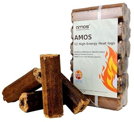 AMOS Ultra Dry High Energy Heat Logs Eco Friendly Low Smoke Minimal Ash Sustainable Recycled Wood Fuel for Open Fires Burners Chimeneas 12 Logs
