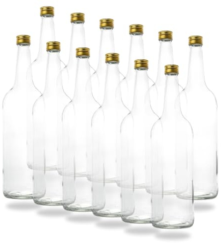 Flaschenbauer - 12 leere 1 Liter Glasflaschen 1000ml mit Schraubverschluss Gold PP28 - Glastrinkflasche 1l ideal als Wasserflasche Glas 1l, Schnapsflaschen 1l, Likörflaschen