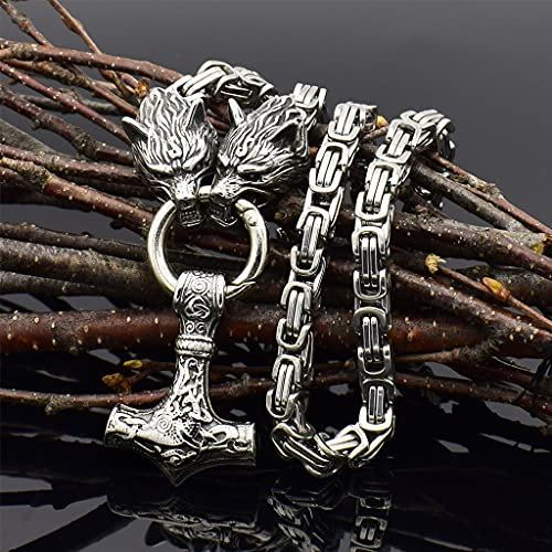 YABEME Viking Thors Hammer Mjölnir Halskette, Edelstahl Fenrir Wolf Kopf König Kettenglied, Nordic Herren Keltischen Heidnischen Amulett Anhänger Schmuck,70 cm 27.55 inch