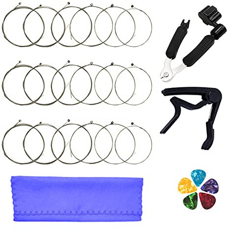 E-Gitarrensaiten Edelstahlkern vernickelter Kugelkopf aus Nickellegierung umsponnen 3 komplette Sätze und 3 in 1 Gitarrenbespannungswerkzeug Gitarren-Capo Gitarrenplektren Reinigungstuch