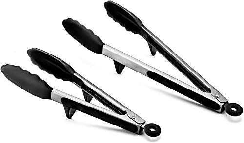 Confezione da 2 pinze da cucina in silicone, 22,9 e 30,5 cm, senza BPA, antiaderenti, con manico in acciaio inox, per barbecue, barbecue, buffet, insalata, ghiaccio, forno, zucchero, con punte in