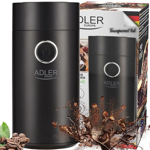 Adler AD 4446bs Elektrische Kaffeemühle aus Edelstahl, 150 W, Füllmenge bis zu 75g, Mühle für Kaffeebohnen, Kaffeemühle mit Sicherheitsblockade, schwarz-silbern