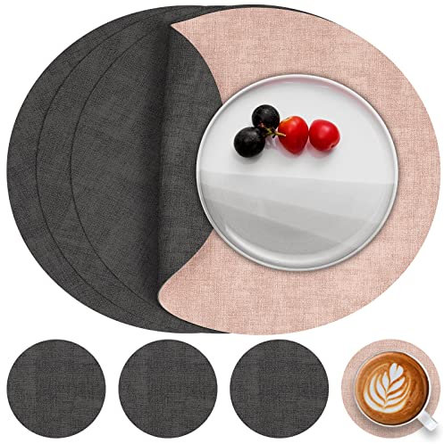 Myir JUN Tischsets Abwaschbar Leder und Untersetzer, Doppelseitigen Platzset Rund Ø 36cm 4er Set rutschfest Glasuntersetzer Platzdeckchen Leder Kunstleder Tischset (Grau Pink, 4er Set)