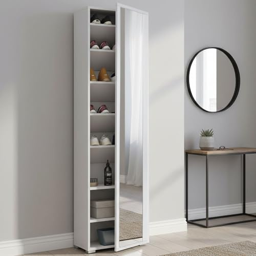 Dmora - Scarpiera Datura, Mobile multiuso da ingresso con anta a specchio , Armadio moderno portascarpe a 7 ripiani, 100% Made in Italy, 50x32hx182 cm, Bianco
