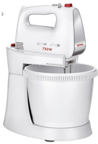 MPM MMR-20Z Batidora Amasadora Repostería con Bol Giratorio 3 Litros, Sin BPA, 5 Velocidades + Turbo, Varillas y Gancho Amasar Acero Inox, Blanco, 750W