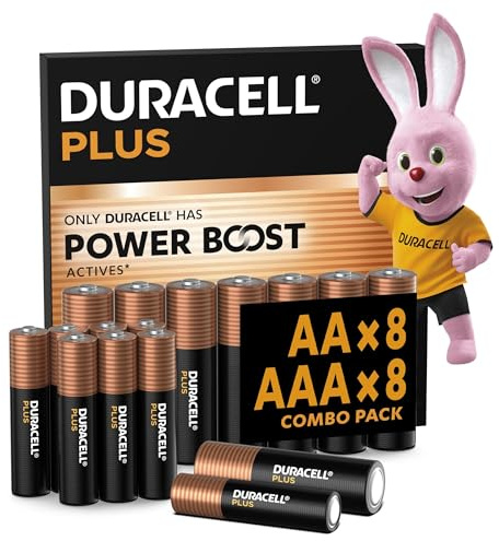 DURACELL Batterie Plus AA & AAA (Confezione combinata da 16) – Con POWER BOOST Actives – 0% di plastica nella confezione – Garanzia di 10 anni nell'ambiente di stoccaggio - MN150/ MN2400