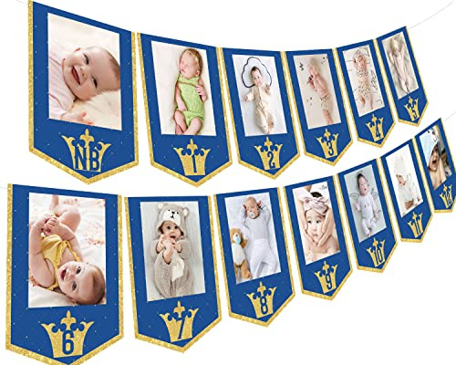Bannière photo 1er anniversaire du Prince royal, 1 à 12 mois, guirlande de fanions bleu marine, doré pailleté, décoration de fête d'anniversaire pour bébé garçon