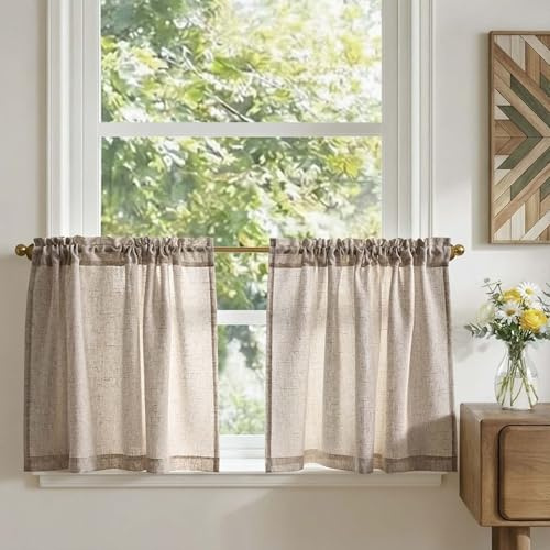 TOPICK Scheibengardinen Bistrogardine 2er Set Küchengardinen H60xB65 Braun | Blickdicht Scheibengardinen modern Leinenoptik Gardine für Küchenfenster kurz Vorhänge Landhausstil Küchenvorhänge Balkontür