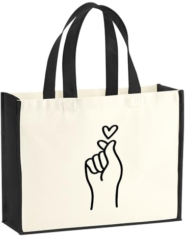 Huuraa Jutetasche K-Pop Fingerherz Zeichen Geschenk | Großer Shopper 21 Liter Juteshopper Black Tasche aus Jute und Baumwolle Einkaufstasche Geschenkidee Tragetasche mit Motiv