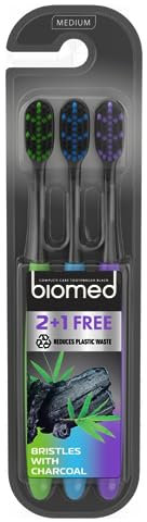 Biomed Black Charcoal Toothbrush | Medium Bristles with Rounded Tips, BPA Free | for Whitening, 3 Pack