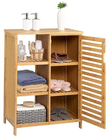 WAOHO Badezimmerschrank Aus Bambus, Sideboard für Wohnzimmer und Bad, Küchenschrank, Regal Stehend (65.5cm X 33cm X 87cm)