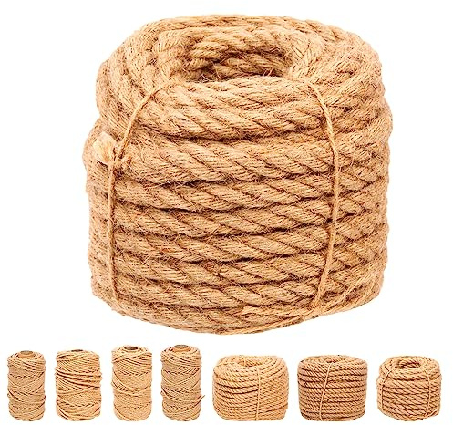Swpeet Cuerda de yute natural trenzada de 16 mmx164 pies, cuerda de yute larga, embalaje de jardinería, ganchillo, perfecto para manualidades, regalo, envoltura, embalaje