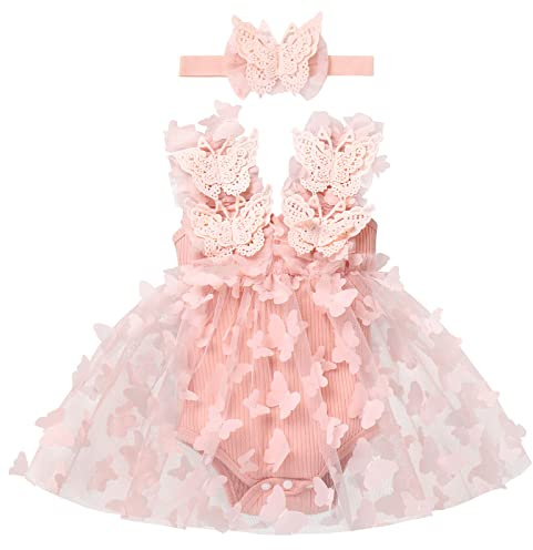 Baby Schmetterling Kleid 1 Geburtstag Mädchen Outfit Taufkleid Prinzessin Tüllrock mit Stirnband Ärmellos Bodykleid Kleinkinder Partykleid Festkleid Bekleidung Neugeborene Fotoshooting Hellrosa 18-24M