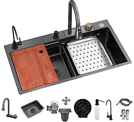 Wasserfall-Spüle, schwarzes Küchenspülbecken aus Edelstahl 304 mit Glaswaschbecken, Haushaltsspüle, Gemüsebecken, Einzelspüle, Haushaltsspülen-Set, integrierte Spüle mit abnehmbarem Fau (Far
