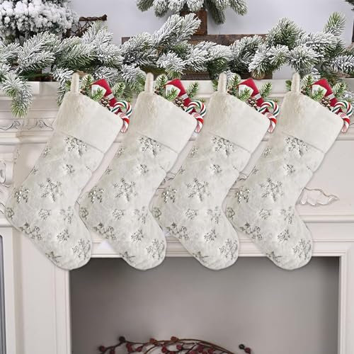 Jannity Personalisierte Weihnachtsstrümpfe, 4 Stück Weihnachtsstrümpfe, 45,7 cm, Plüsch, weiße Weihnachtsstrümpfe, perfekt für Zuhause, Kamin, Baum, hängende Weihnachtsschmuck, Urlaub (Silber)