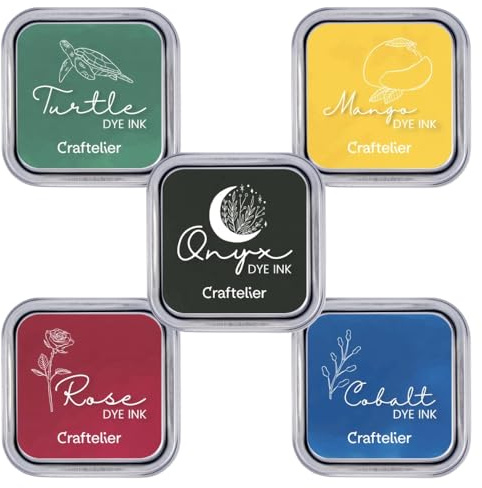 Craftelier - 5er-Pack Tinten auf Wasserbasis, ideal für Acryl- oder Gummistempel und poröse Oberflächen, Stempelgröße 4 x 4 cm, Schachtelgröße 6,3 x 6,3 cm, Rosa, Mango, Kobalt, Schildkröte und Onyx