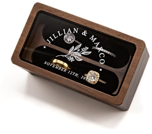 MUUJEE Quad Ring Box (Glass Lid Walnut Box) - Wedding Ceremony Ring Bearer Alternative, Engagement Proposal Rings Bedside Table Ring Storage (Custom Lid 2)