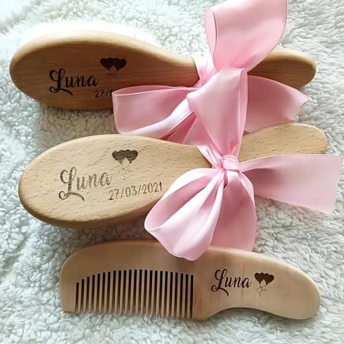 3 Set Personalisierte Baby-Haarbürste Und Kamm, Haarbürste Baby Ziegenhaar, Babykamm, Milchschorf Kamm Baby，Namen Babybürste Aus Holz ，Baby Bürste Zubehör, Erstlingsausstattung, Neugeborenen Geschenk