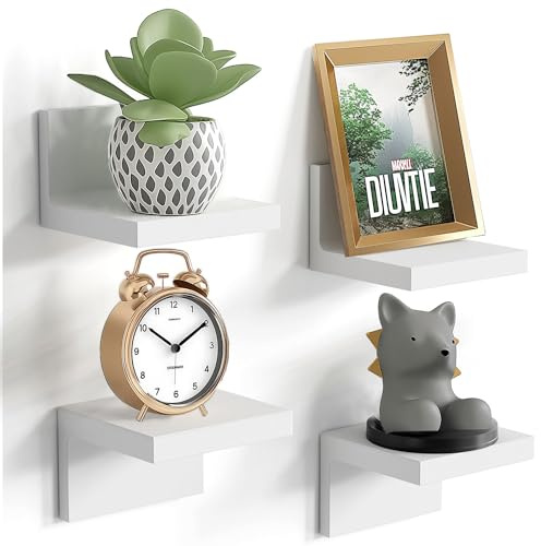 Satauko Kleines Wandregal für die Dekoration Wohnzimmers, 4er-Pack Schwebende Mini-Regale für die Anzeige von Fotos, Weiß Wandregal Plastik, 2 Arten der Installation. (Klebeband oder Schraube)